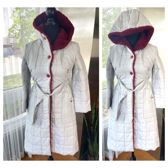 Vintage late 70s early 80s ladies coat, grey and burgundy parka, hooded - Picture 1 of 9